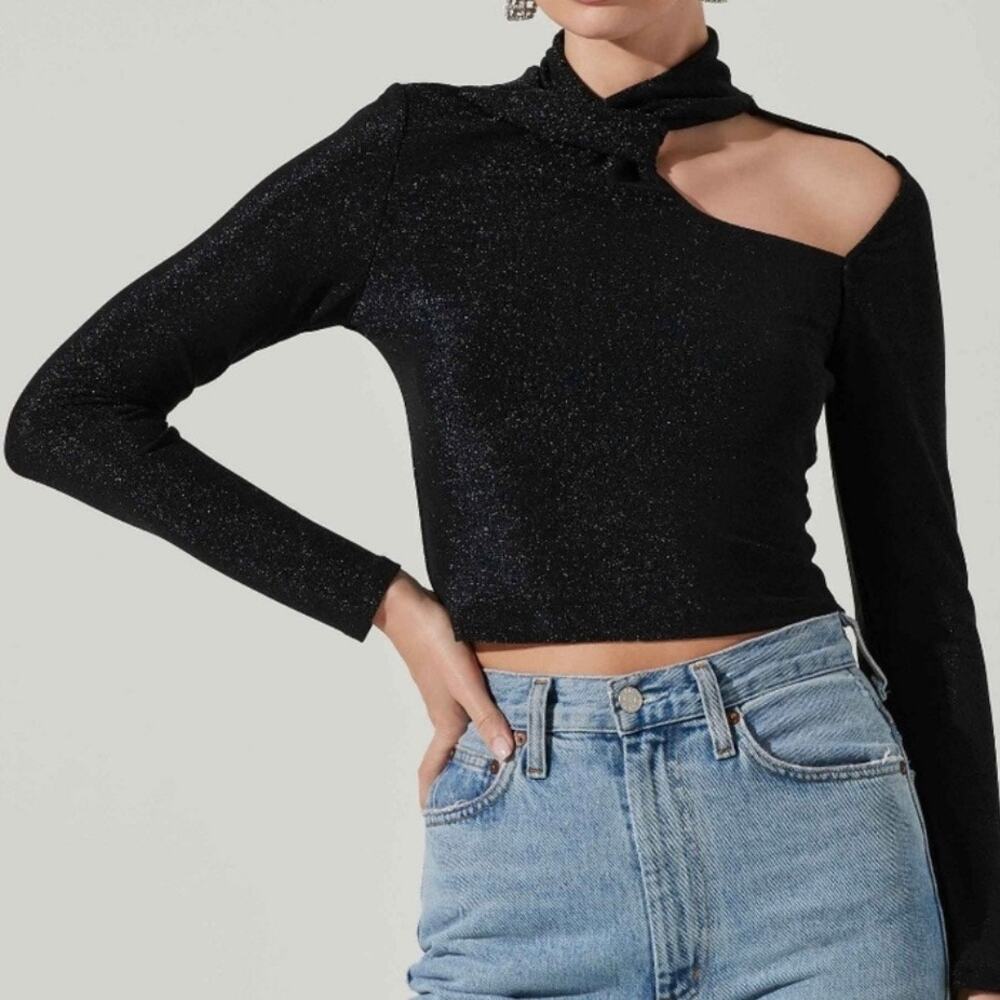 ASTR THE LABEL | Black Glitter Stretch Crane Metallic Cutout Mock Top | Medium